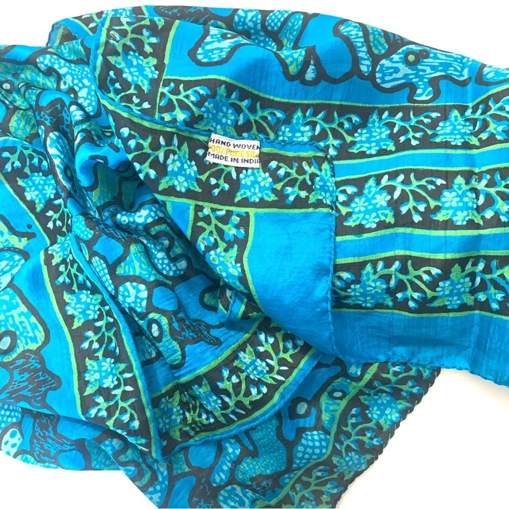 SILK FASHION Silk Blue Patterned Long Scarf - Picture 3 of 3